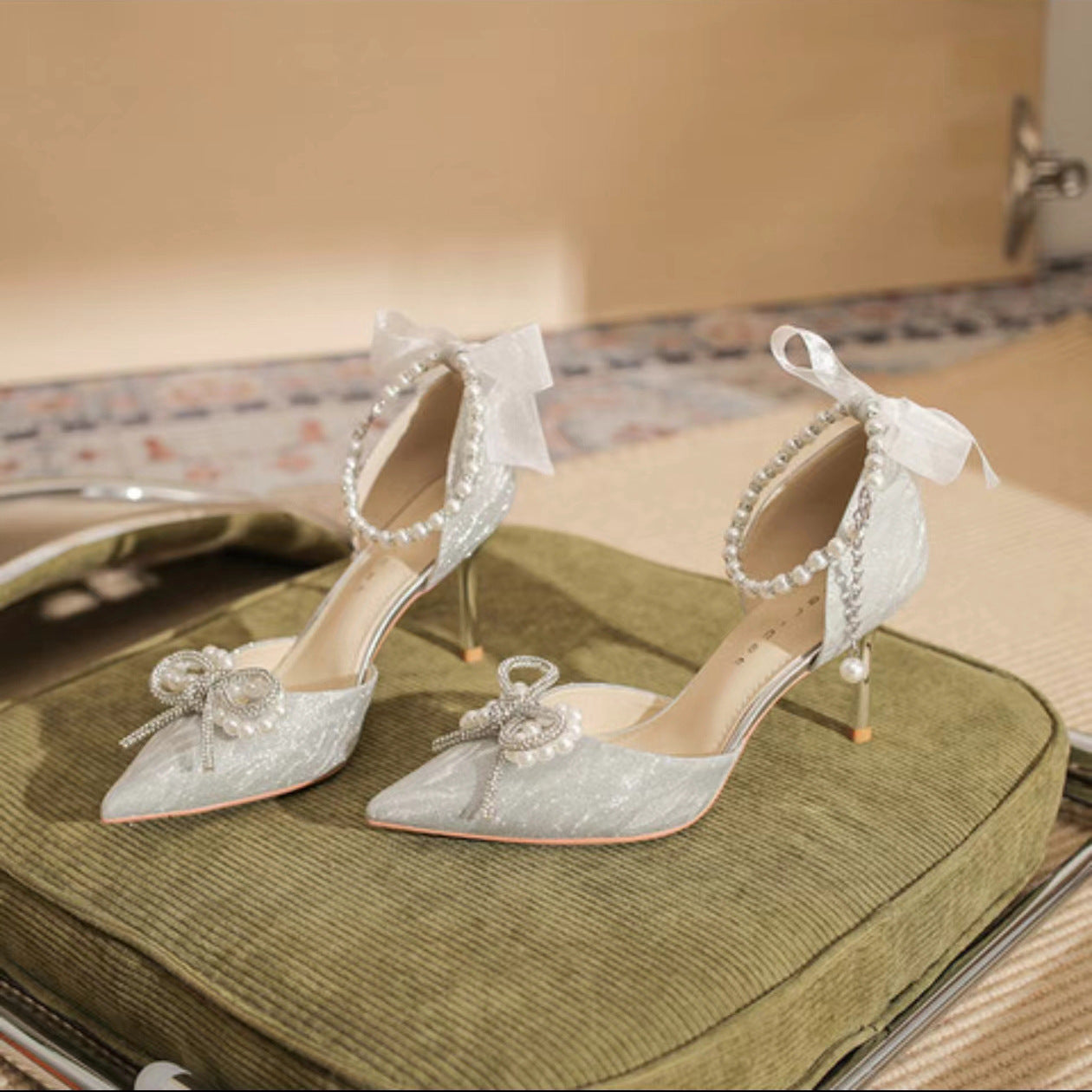 Women's Sier High Stilettos Bow Wedding Pointed Toe Pearl Heels