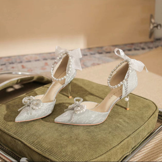 Women's Sier High Stilettos Bow Wedding Pointed Toe Pearl Heels
