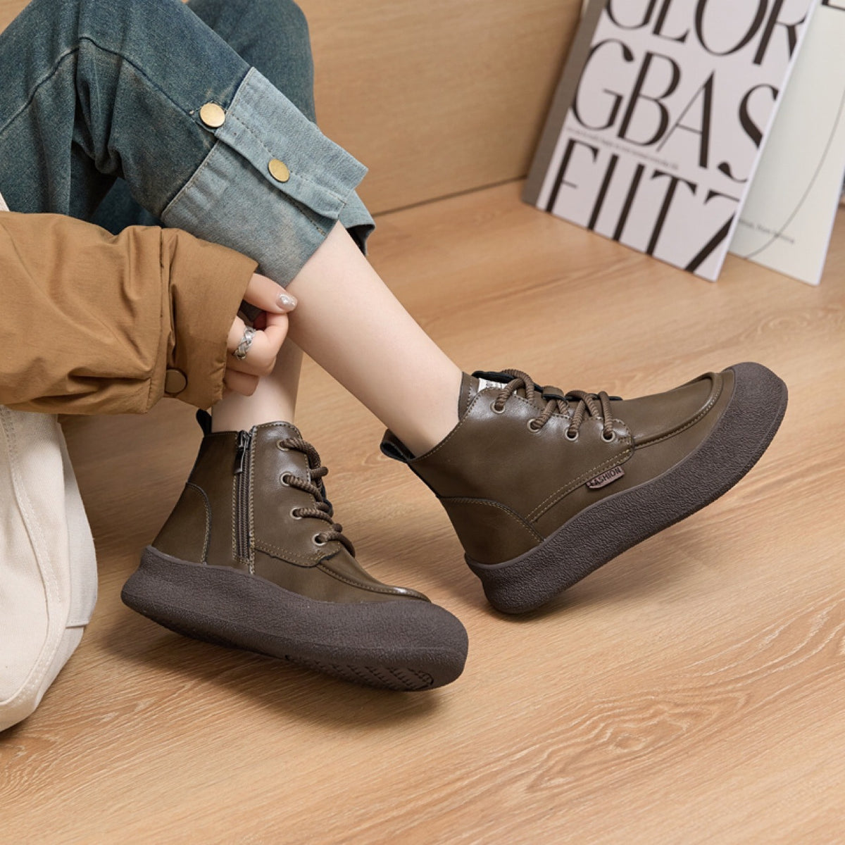 Women's Style Handmade Round Toe Cowhide Cross High-low Top Single Platform Women's Leather Boots