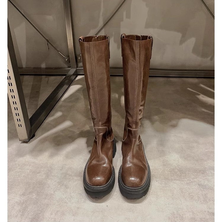 Women's Version High Quality Round Head Thick Bottom Chunky Slimming Long Women's Leather Boots