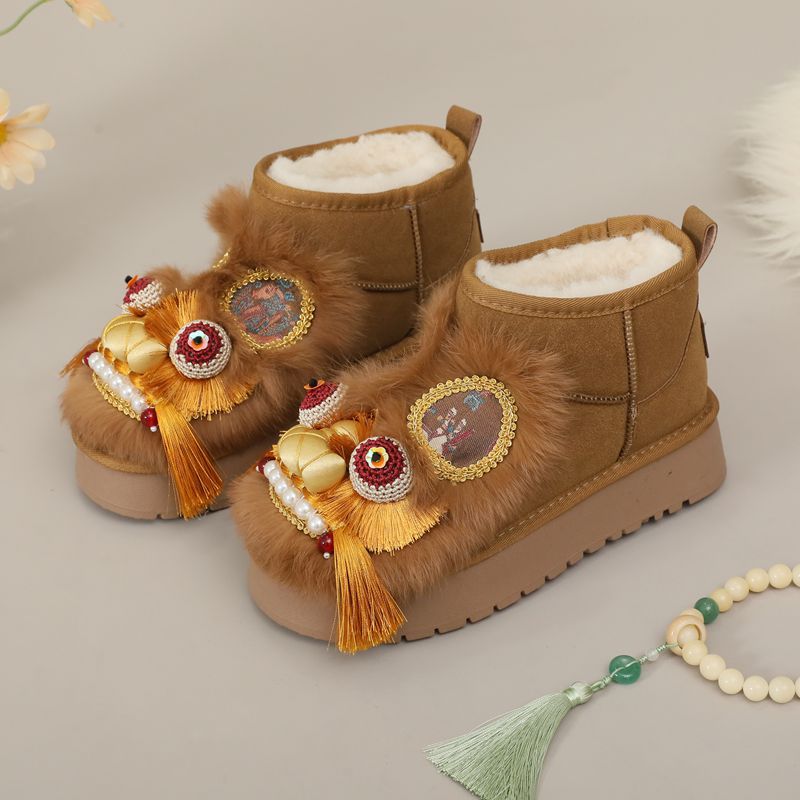 Winter Handmade Tiger Head Rabbit Fur Flat Bottom Comfort Cotton Women's Snow Boots