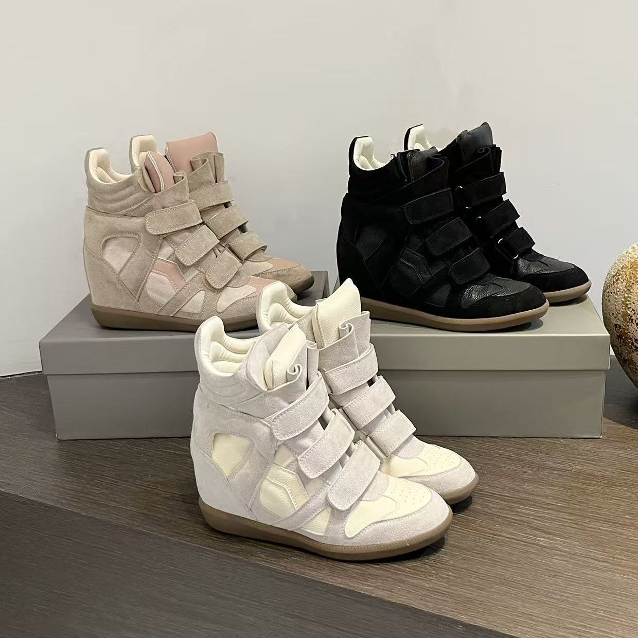 Women's Autumn Velcro Invisible Height Increasing Insole Wedge Leather Shoes