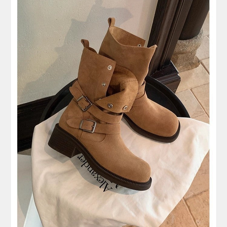 Increasing Chunky Platform Buckle Cow Suede High-heeled With Short Tube Heels