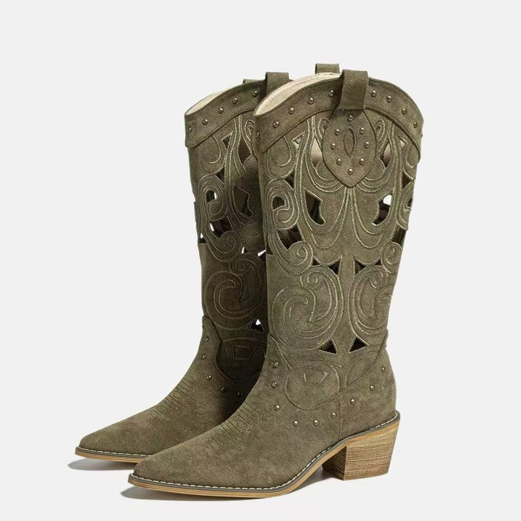 Women's Hollow Out Thick High Western Cowboy Embroidery Mid Retro Frosted Boots