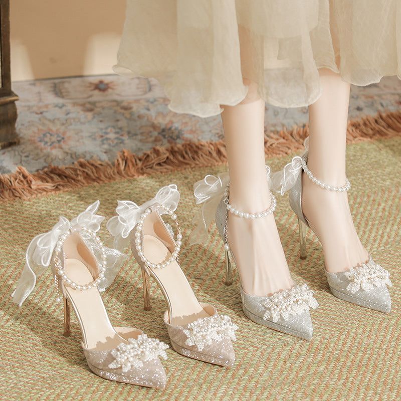Women's Spring Sier High Stiletto Pearl Bow Rhinestone Bridal Heels