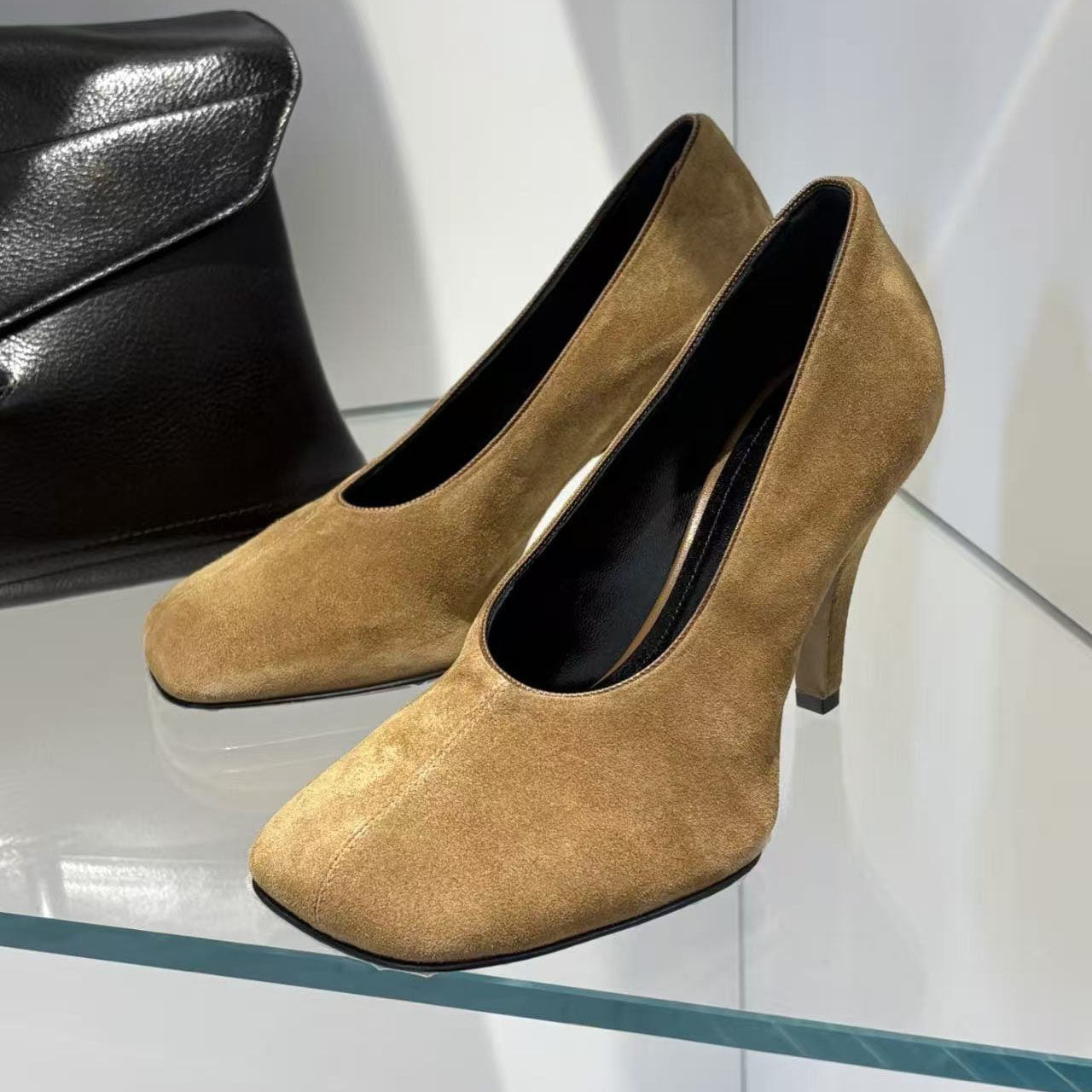 Women's Korean Niche Design Square Toe High Genuine Suede Leather Shoes