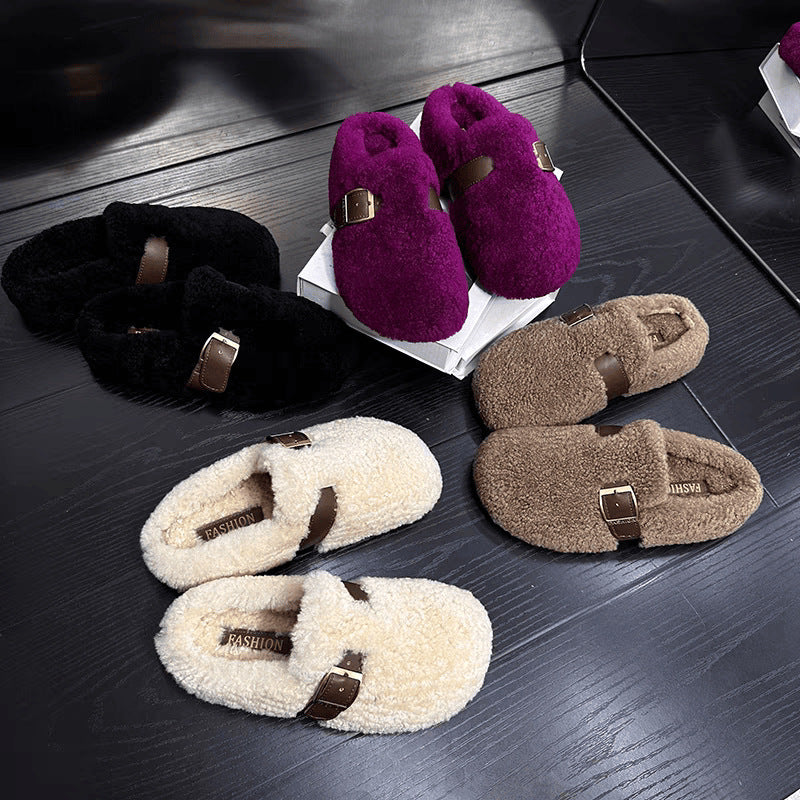 Women's Bottom Lamb Wool Woolen Toe Cap Outer Wear Slip-on Sandals