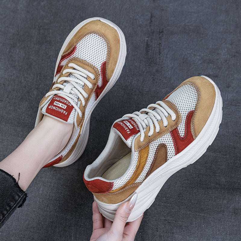 Women's Cowhide Dad Thick Bottom Breathable Mesh Color Casual Shoes