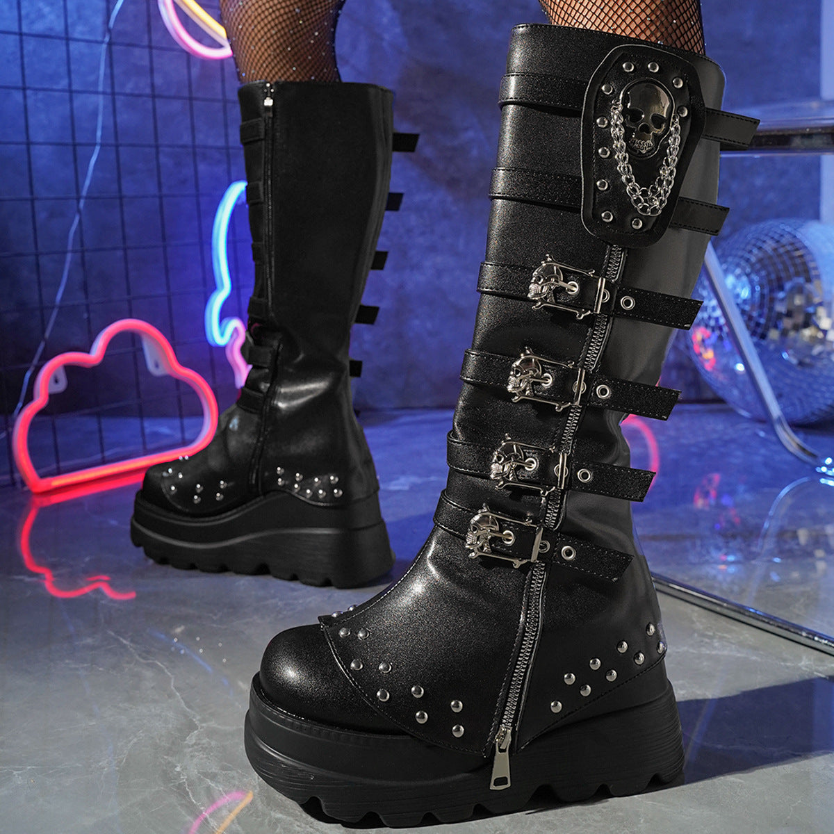 Women's Metal Buckle With Platform High Female Plus Boots