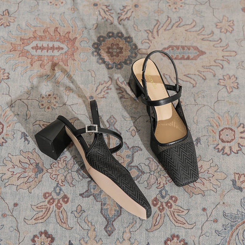 Women's Summer Mesh Breathable Chunky Square Toe Heels