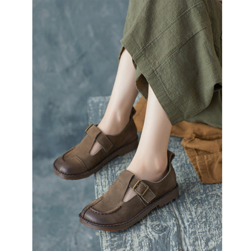Cowhide British Style Handmade Round Head Buckle Women's Casual Shoes