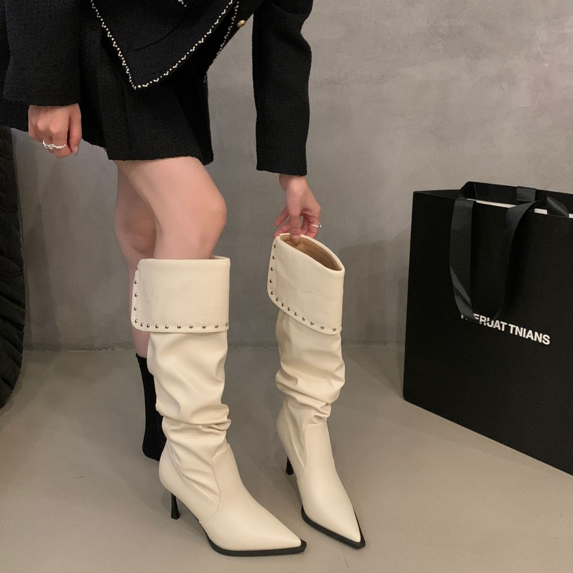 Pleated Pile Style Small Rivet Stiletto Below The Knee Knight Women's Leather Boots