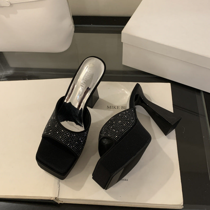 Women's Black Fashion Thick Bottom Chunky Rhinestone High Heeled Sandals