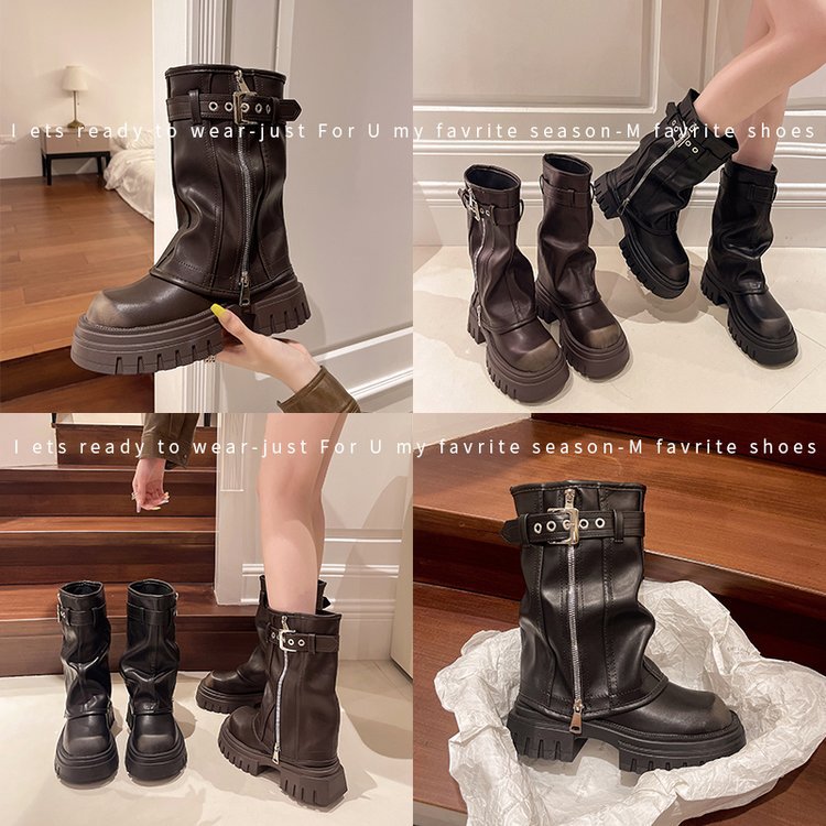Women's Brown Slimming British Style Platform Martin Summer Women's Leather Boots
