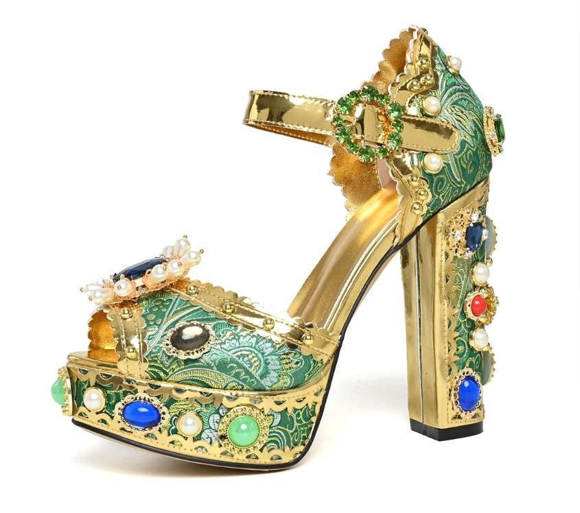 Women's Gold Mirror Rhinestone Flower Show Waterproof Platform High Heeled Sandals