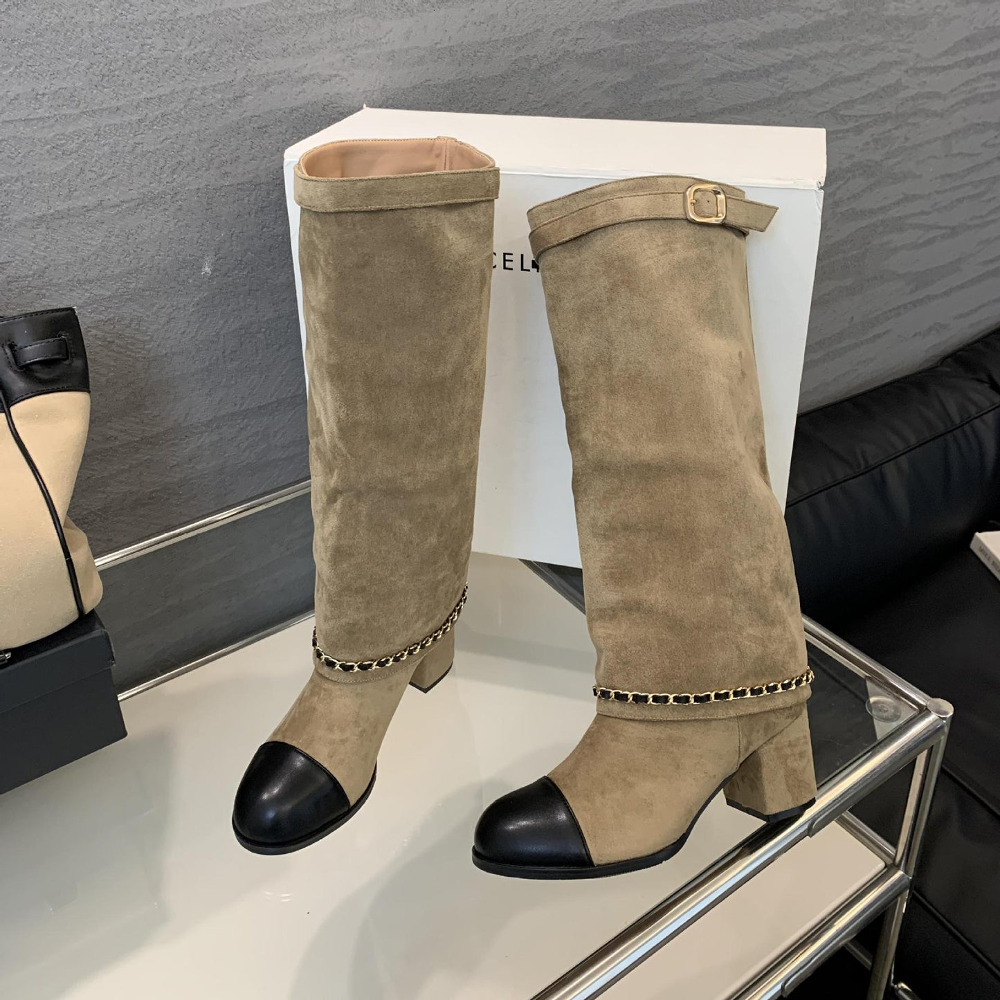 Long Female Thick Autumn Color Matching Tall Knight Slimming Straight Women's Leather Boots