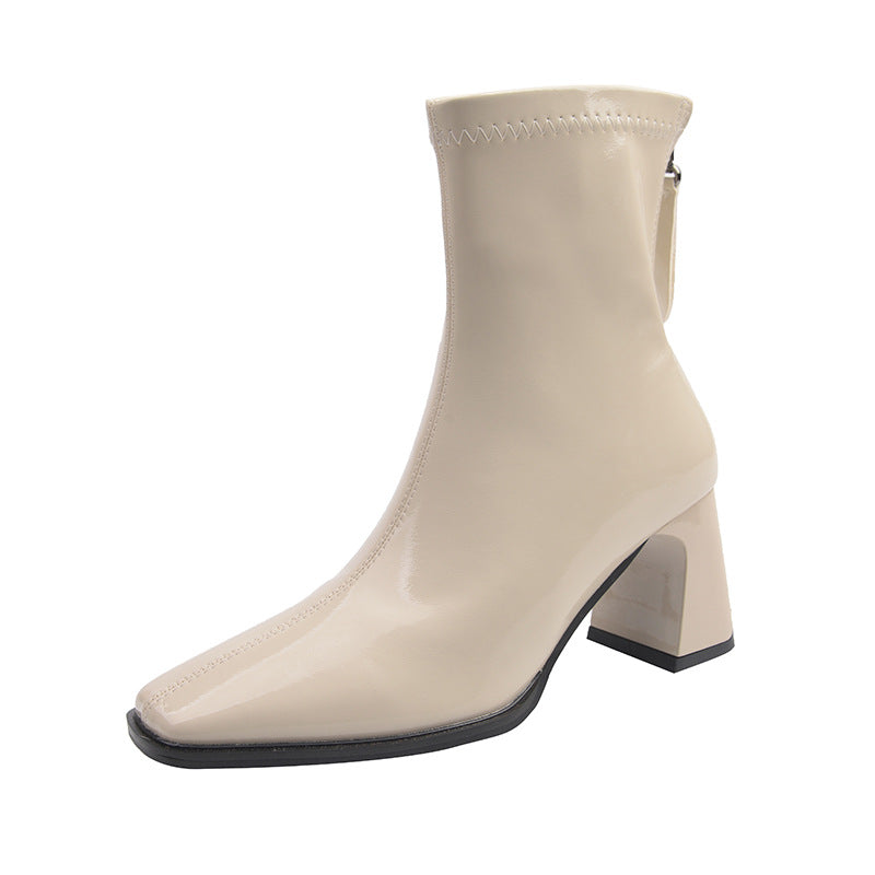 Women's Toe Chunky Large Tube Circumference Skinny Glossy Women's Leather Boots