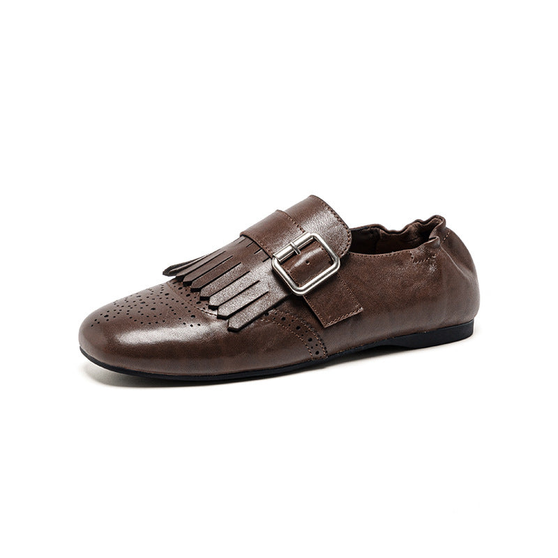 Women's Spring Black Brown Versatile Brogue British Shallow Leather Shoes