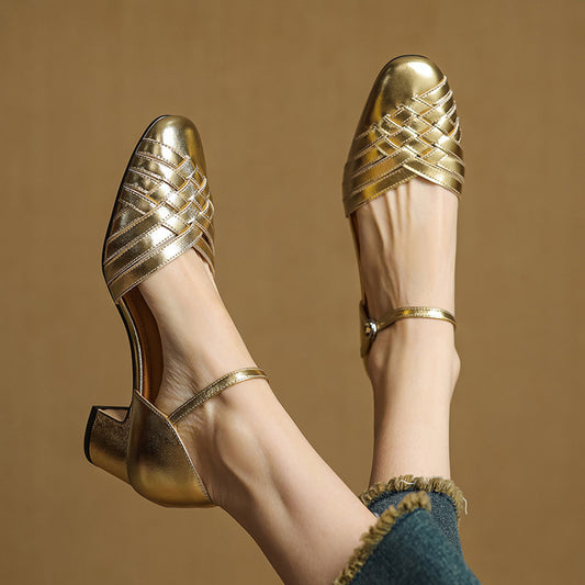Women's Style Woven Closed Toe Hollowed Summer Round Buckle High Heeled Sandals