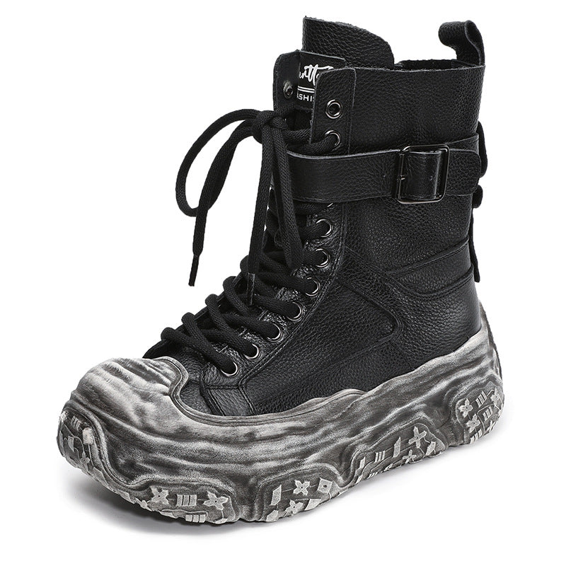 Women's First Layer Cowhide Platform Short Height Increasing Boots