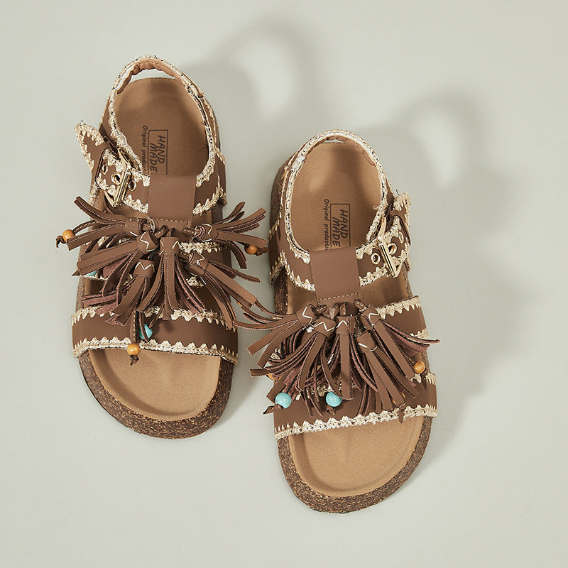 Platinum Summer Round Toe Korean National Style Tassel Roman Embroidered Platform Sandals