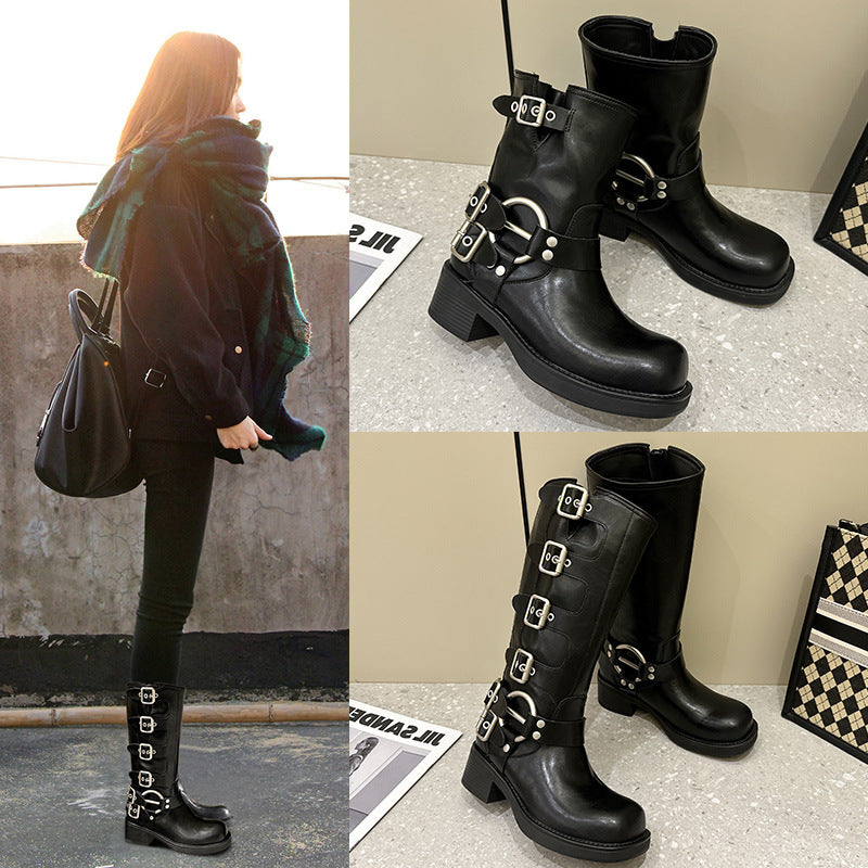 Brown Genuine Knee-high Square Head Sleeve Boots