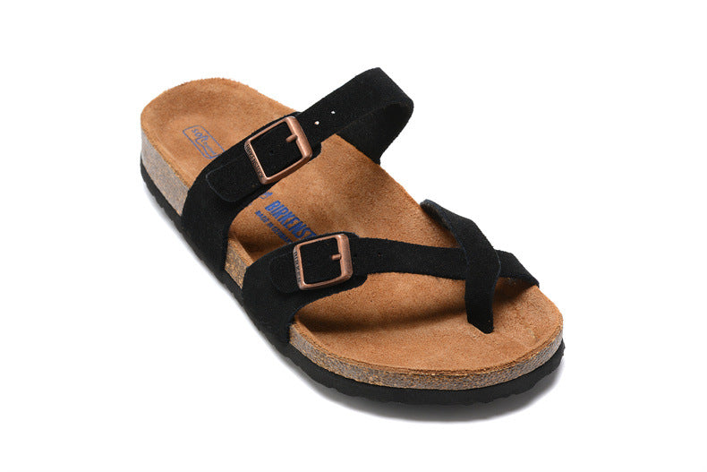 Women's & Men's Single Buckle Soft Bottom Cork Toe Ring Flat Slippers