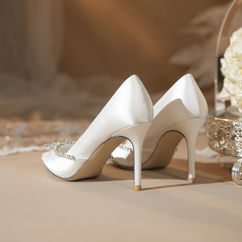 Women's White Rhinestone High Pointed Stiletto Satin French Wedding Dress Bride Women's Fashion Shoes