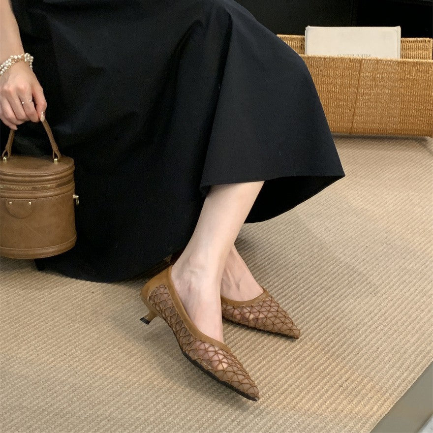 French Minority High Summer Retro Hollow Mesh Breathable Pointed Toe Women's Fashion Shoes