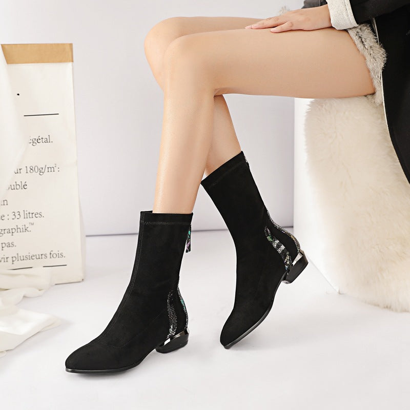 Women's Chunky Short Autumn Fashion Stretch Thin Round Toe Single-layer Women's Leather Boots