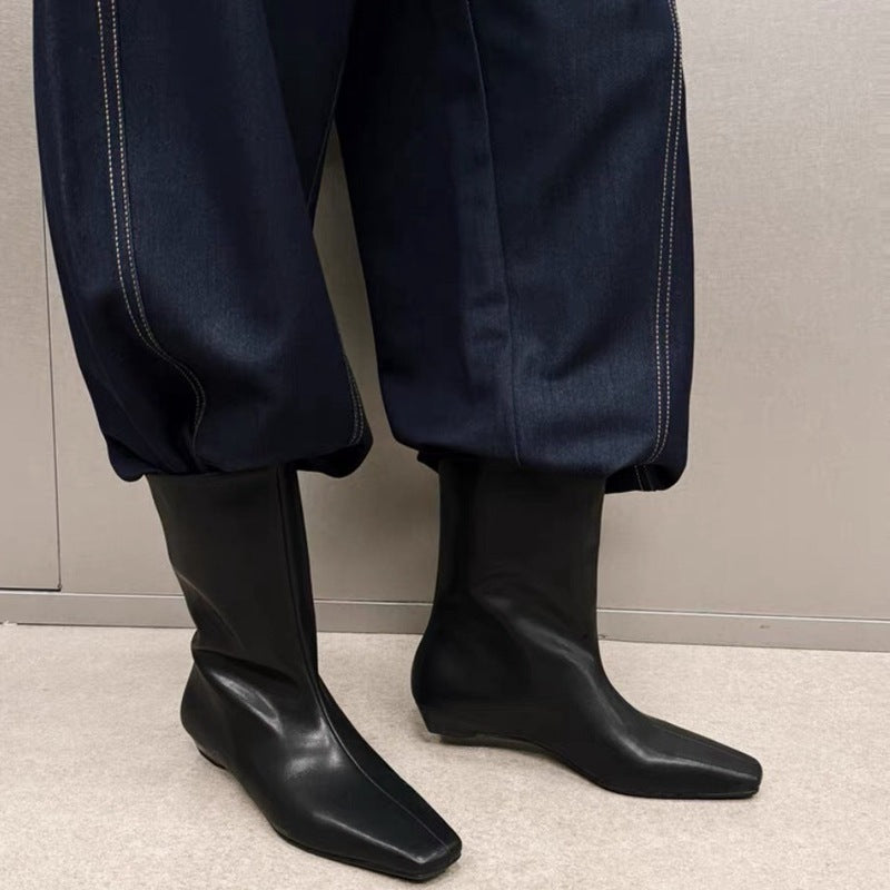 Women's Korean Square Toe Flat Short Fashion Thin Wide Tube Skinny Women's Leather Boots