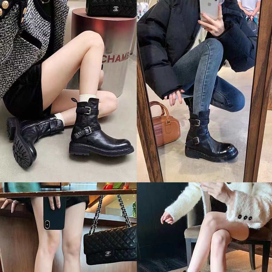 Women's Shrink Horse Round Head Thick Bottom Skinny Ankle Women's Leather Boots