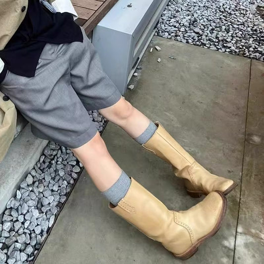 Square Toe Chunky Embroidery Western Cowboy Female Hot Women's Leather Boots