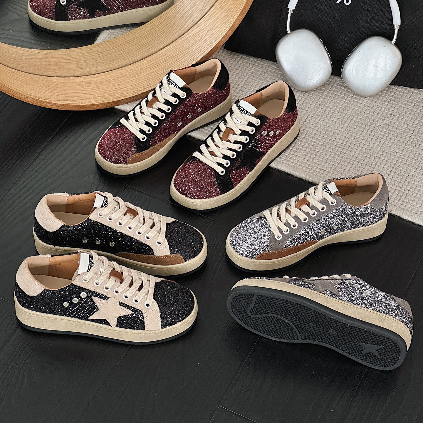 Women's Her Sequins Golden Goose Autumn Distressed Star Round Toe Women's Casual Shoes