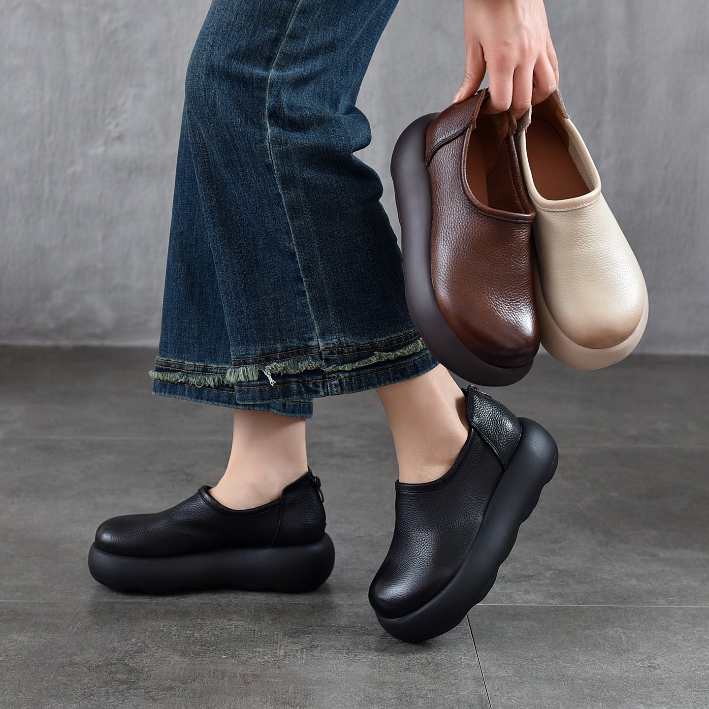 Women's Round Toe Platform Genuine First Layer Women's Casual Shoes