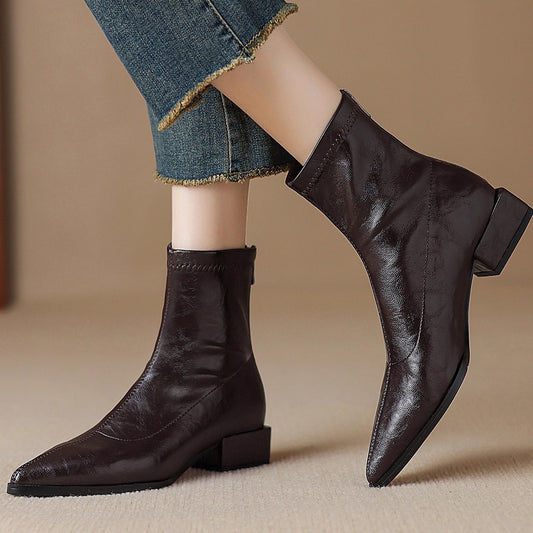 Women's Low Brown Stretch Thin Short Retro Women's Leather Boots