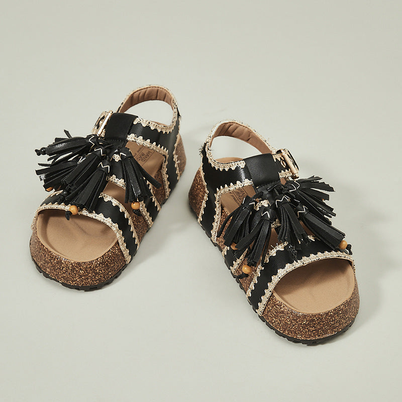 Platinum Summer Round Toe Korean National Style Tassel Roman Embroidered Platform Sandals