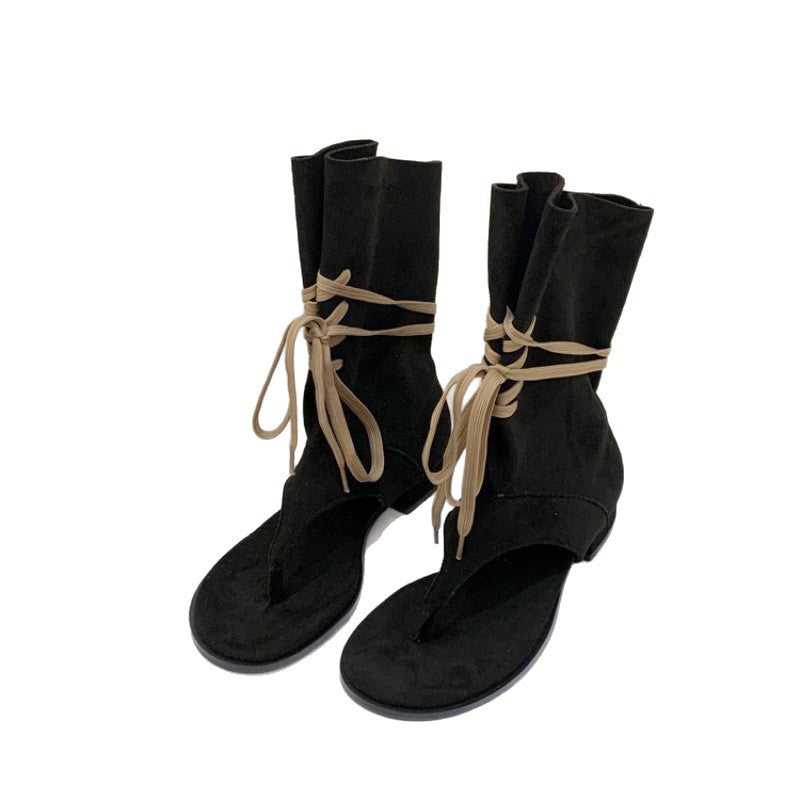 Women's Thick Bottom Drawstring Flip-flops Summer Pants Tube Retro Lace Up Sandals