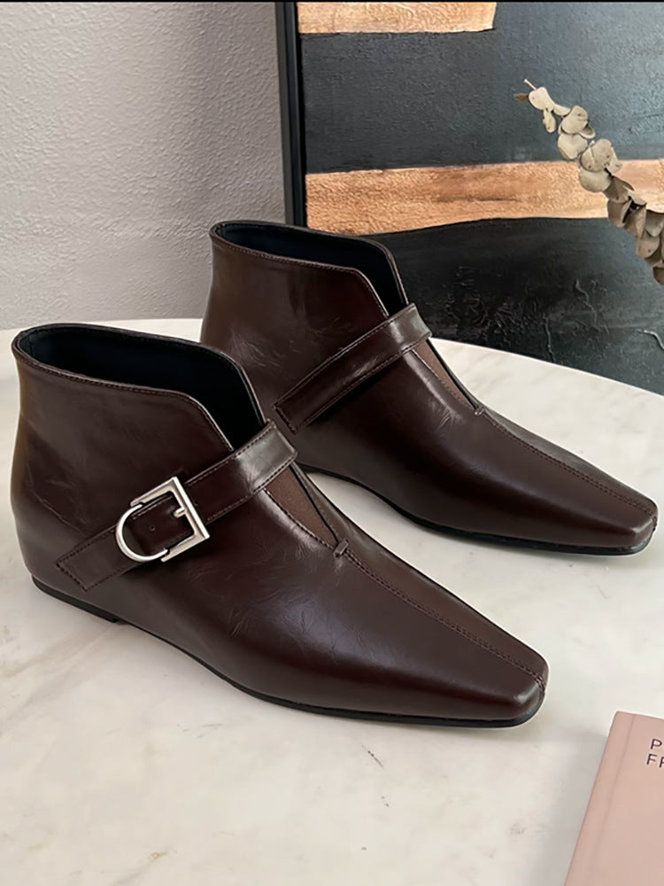 Inner Height Increasing Female Square Toe Small Versatile Slimming British Women's Leather Boots