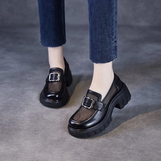 Women's Mesh Surface Platform Breathable Slip-on Leather Shoes