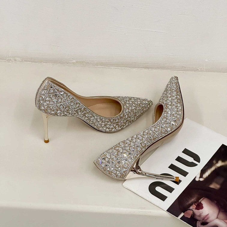 Women's Style Pointed Toe Rhinestone Low-cut Stiletto Sexy Shiny Heels