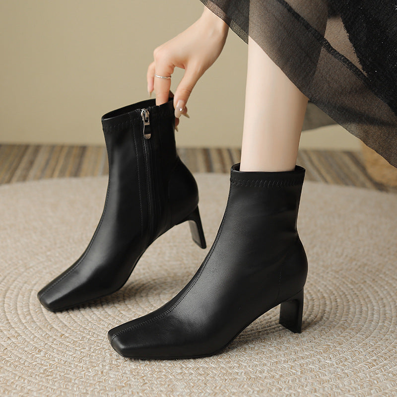 Women's Toe Chunky Mid Side Zipper Short Boots
