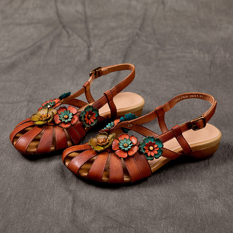 Women's Genuine Low Closed Toe Flower Ethnic Style Comfortable Flat Sandals
