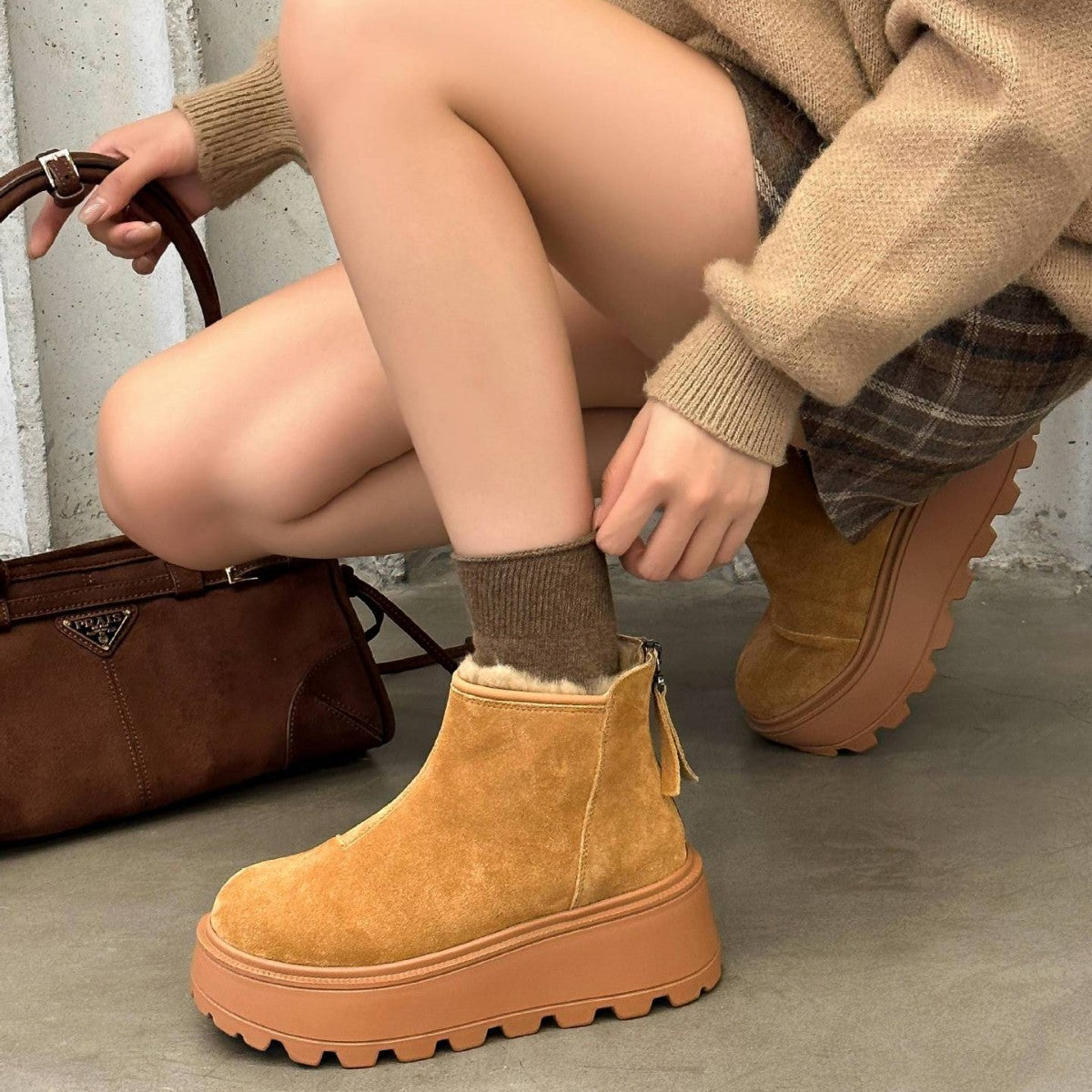 Women's Suede Short Martin Thick Bottom Elevator Snow Boots