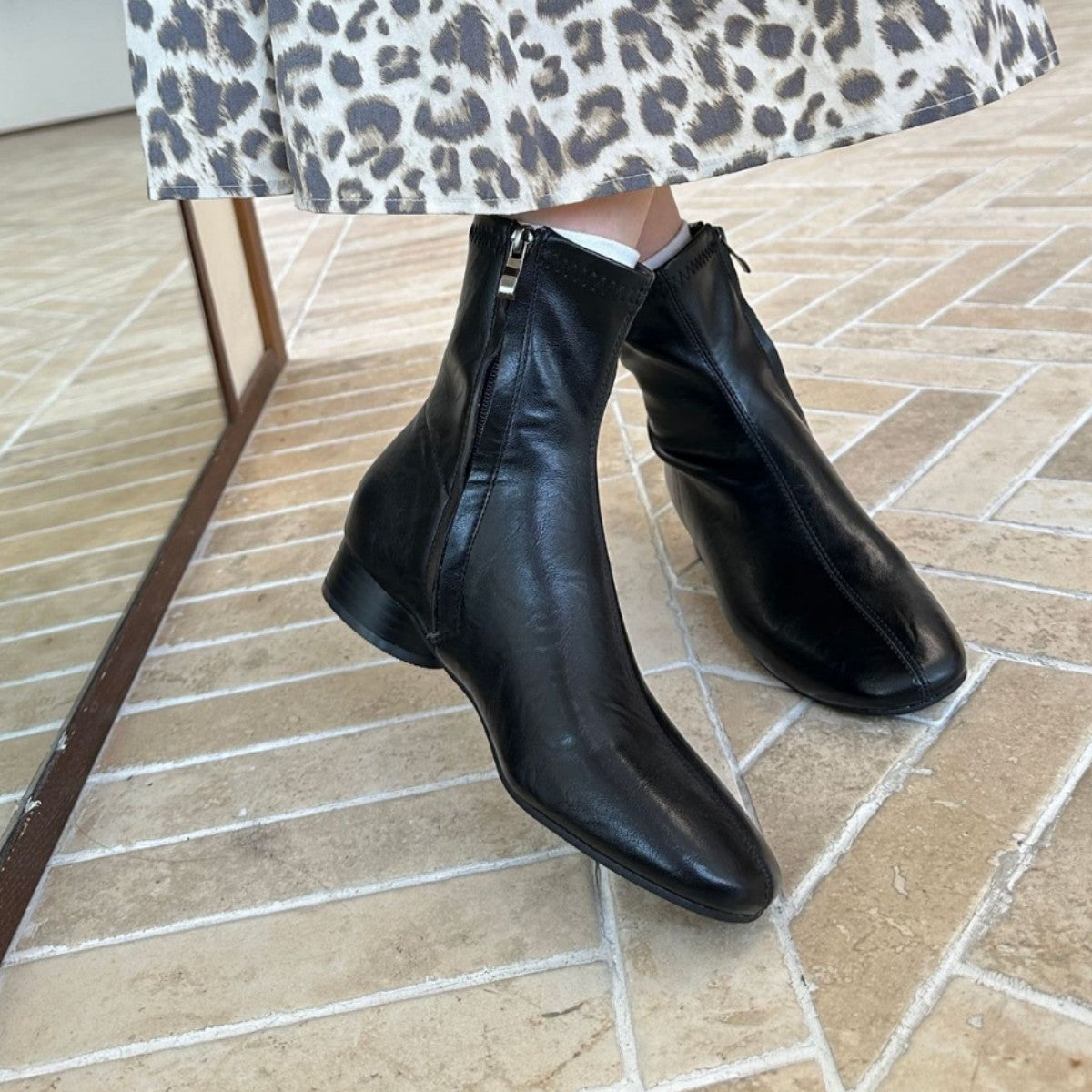 Women's Square Toe Martin Thick Thin French Women's Leather Boots