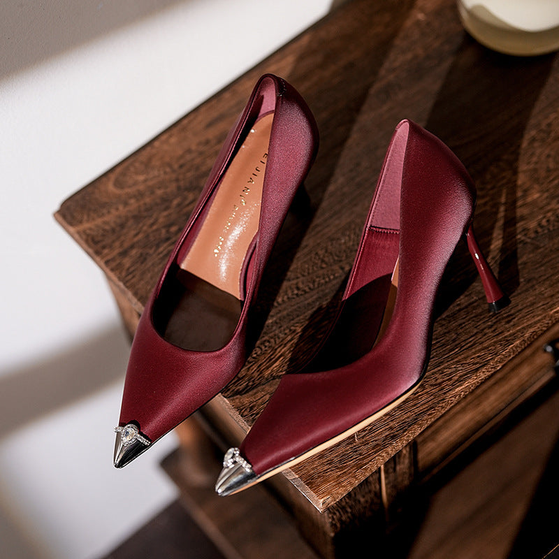 Women's Metal Toe Cap Diamond Sheepskin French High Women's Shoes