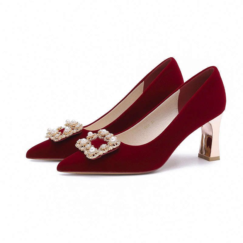 Women's Pointed Pearl Chunky Wedding High Suede Women's Shoes