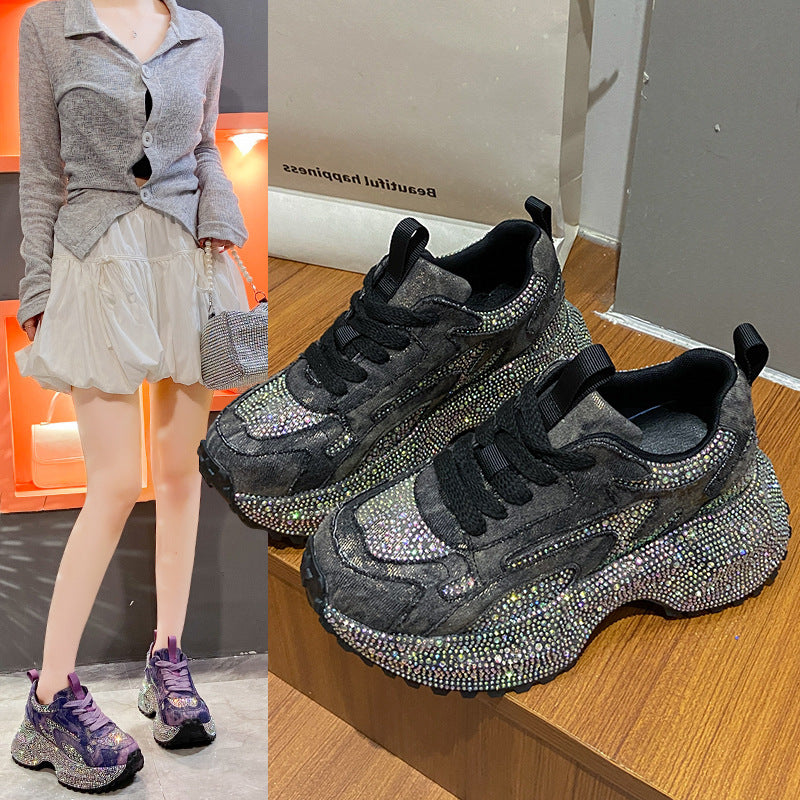 Women's Large Size Starry Rhinestone Dad Platform Height Women's Sports Shoes