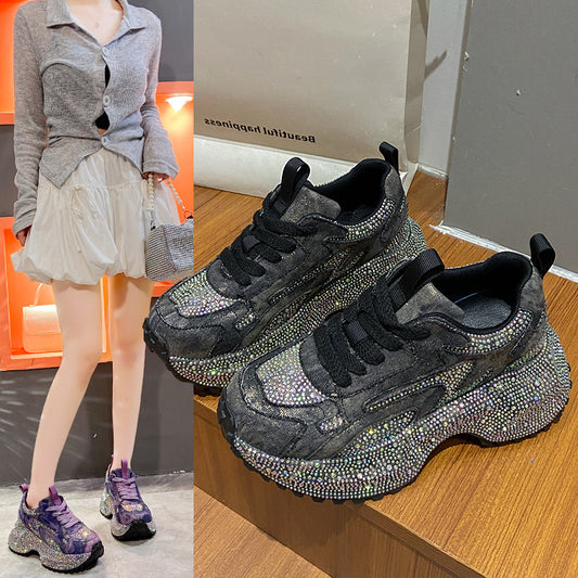 Women's Large Size Starry Rhinestone Dad Platform Height Women's Sports Shoes