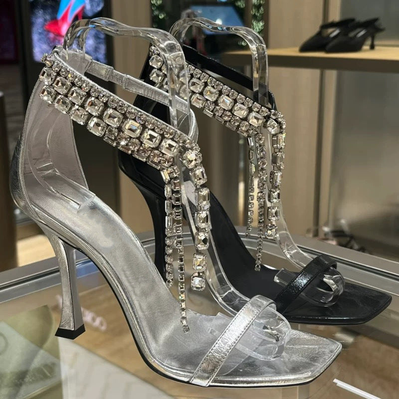 Women's Toe Summer Sier Crystal Chain Open High Heeled Sandals